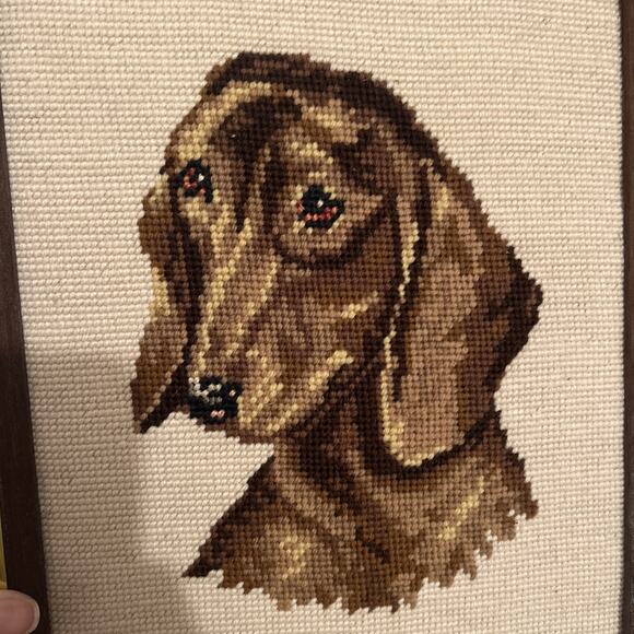 Vintage Handmade Dog Picture Embroidered Crewel Brown Framed - Picture 2 of 4